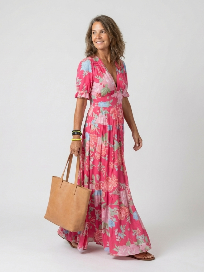 Lorena | Vestito midi floreale a maniche corte con scollo a V