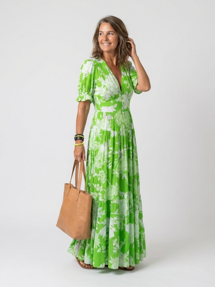 Lorena | Vestito midi floreale a maniche corte con scollo a V