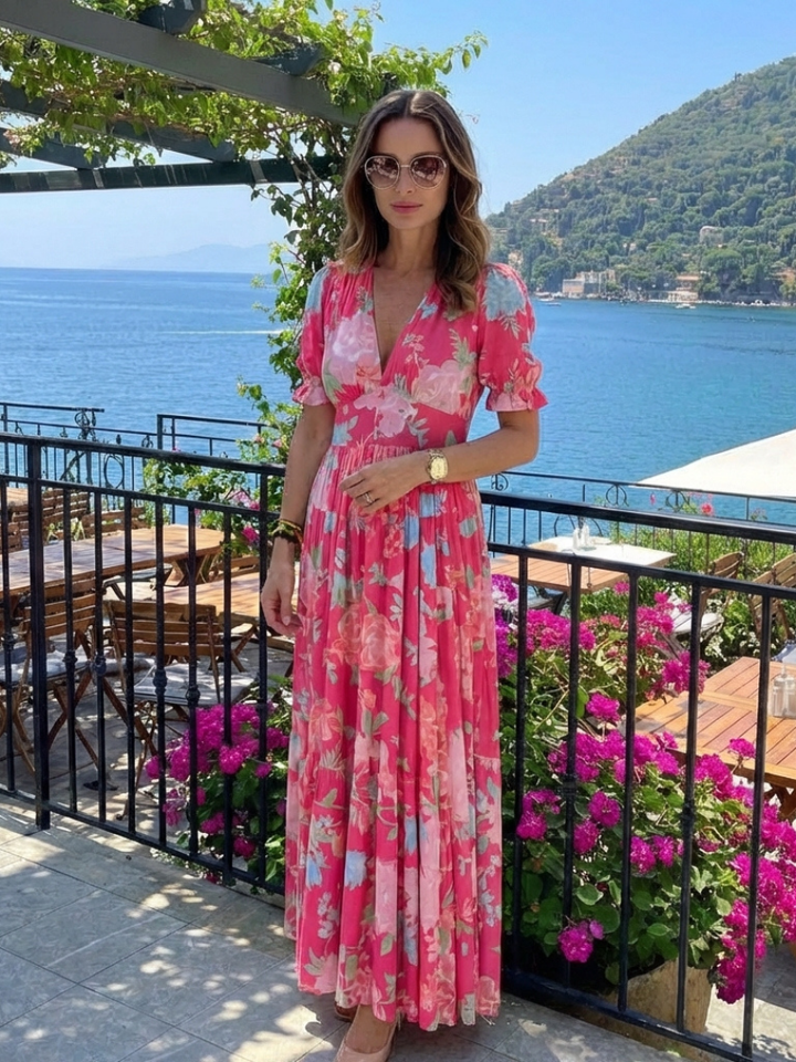 Lorena | Vestito midi floreale a maniche corte con scollo a V