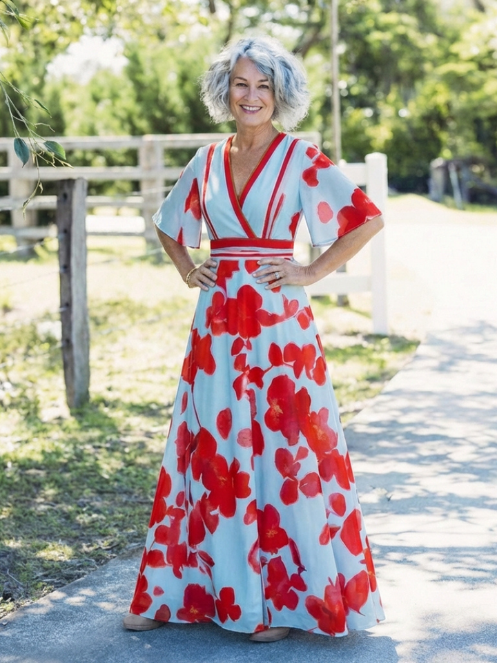 Laura | Vestito lungo floreale a manica corta con scollo a V