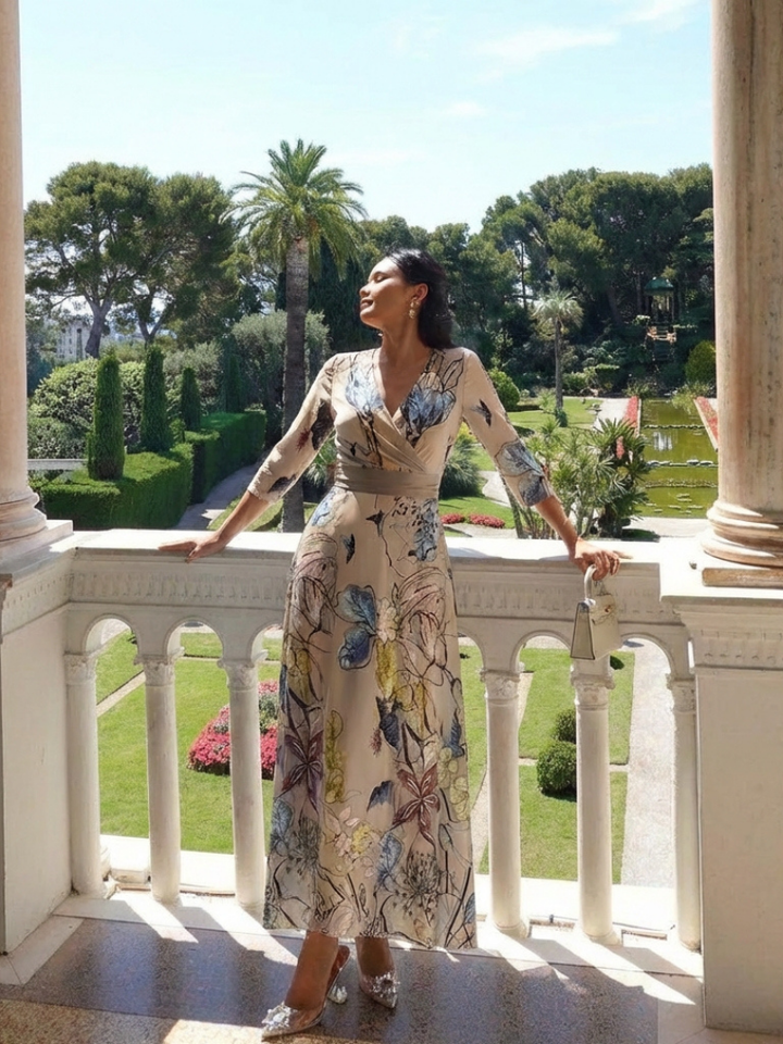 Margarita | Vestito lungo incrociato floreale a maniche tre quarti