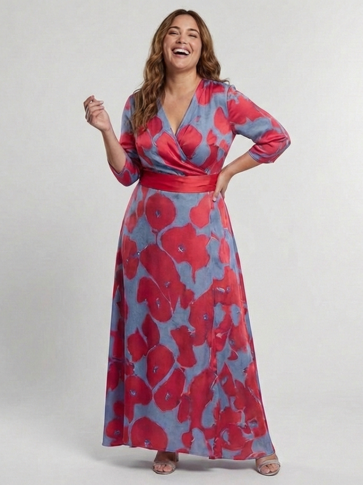 Daniela | Abito lungo floreale con scollo a V e maniche a tre quarti