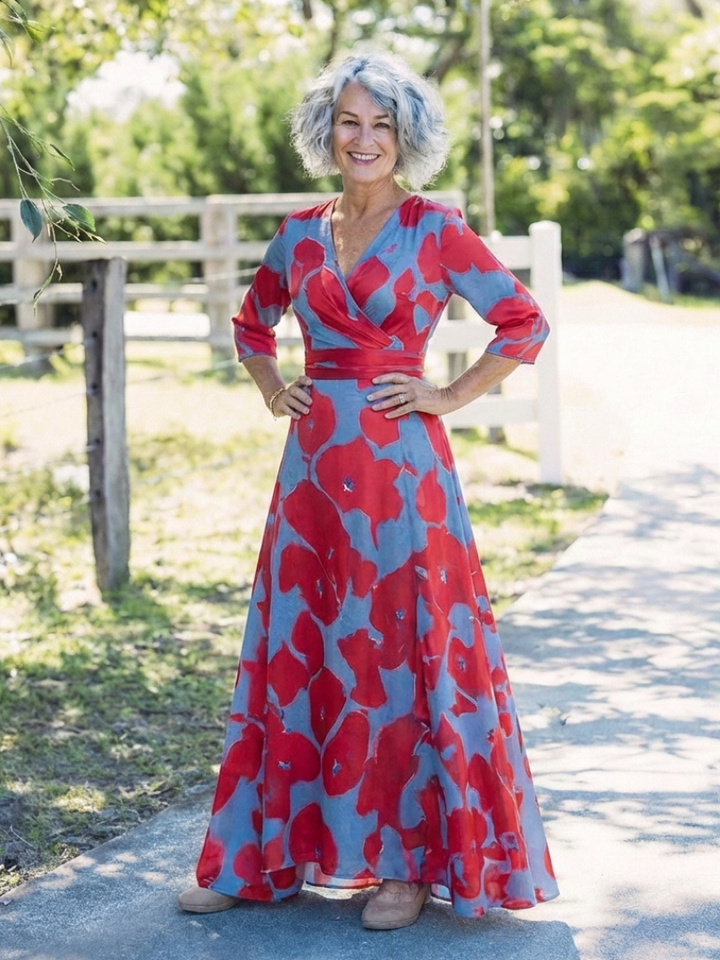 Daniela | Abito lungo floreale con scollo a V e maniche a tre quarti